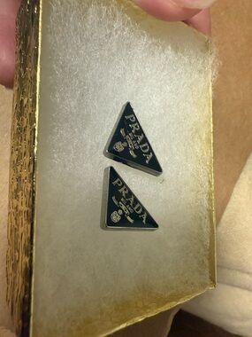 Prada Black Triangle Logo Stud Earrings with Silver Trim